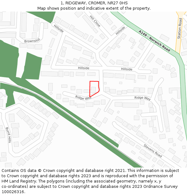 1, RIDGEWAY, CROMER, NR27 0HS: Location map and indicative extent of plot