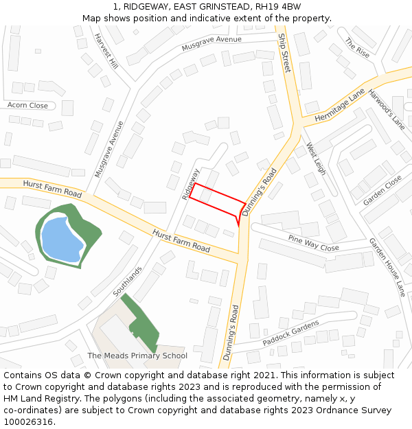 1, RIDGEWAY, EAST GRINSTEAD, RH19 4BW: Location map and indicative extent of plot