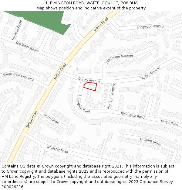 1, RIMINGTON ROAD, WATERLOOVILLE, PO8 8UA: Location map and indicative extent of plot