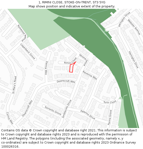 1, RIMINI CLOSE, STOKE-ON-TRENT, ST3 5YG: Location map and indicative extent of plot