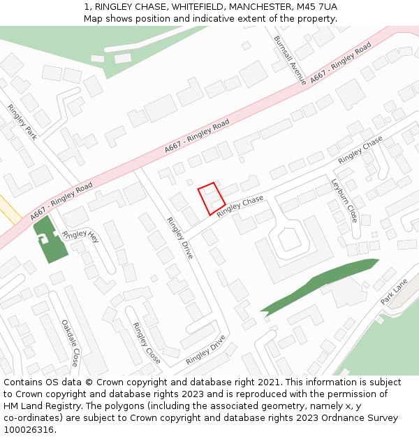 1, RINGLEY CHASE, WHITEFIELD, MANCHESTER, M45 7UA: Location map and indicative extent of plot