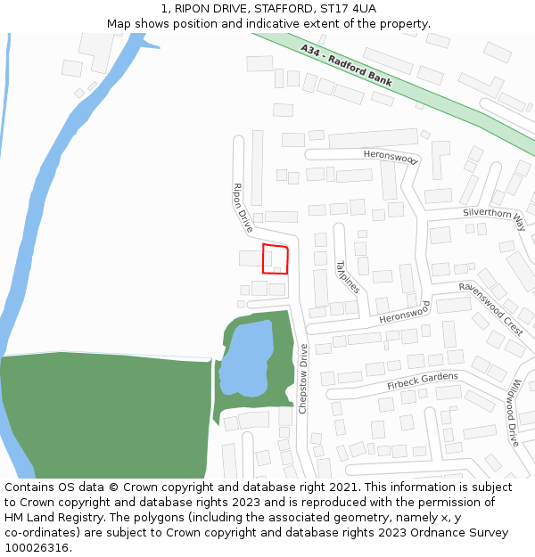 1, RIPON DRIVE, STAFFORD, ST17 4UA: Location map and indicative extent of plot