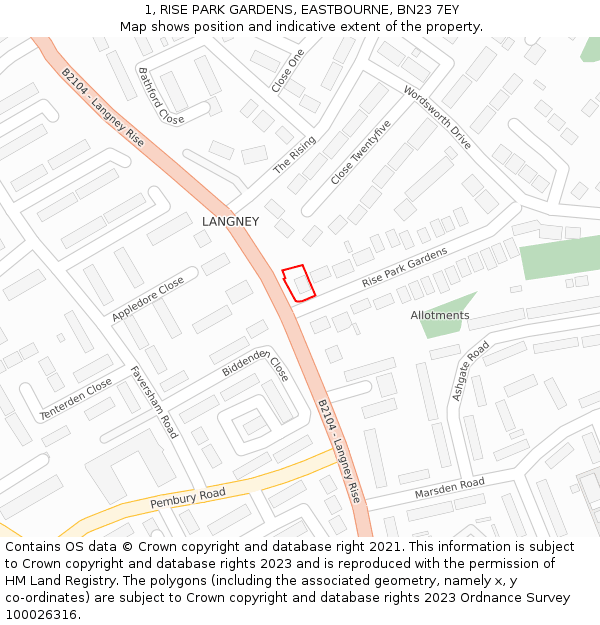 1, RISE PARK GARDENS, EASTBOURNE, BN23 7EY: Location map and indicative extent of plot