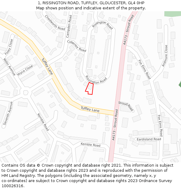 1, RISSINGTON ROAD, TUFFLEY, GLOUCESTER, GL4 0HP: Location map and indicative extent of plot