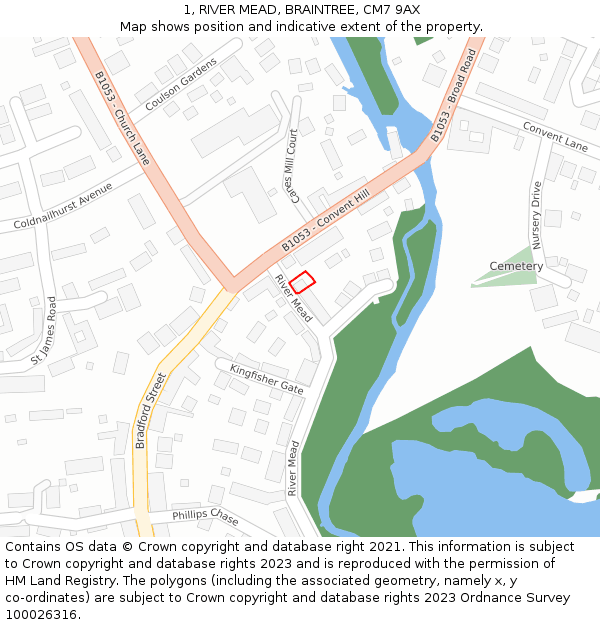 1, RIVER MEAD, BRAINTREE, CM7 9AX: Location map and indicative extent of plot