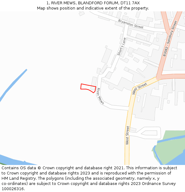 1, RIVER MEWS, BLANDFORD FORUM, DT11 7AX: Location map and indicative extent of plot