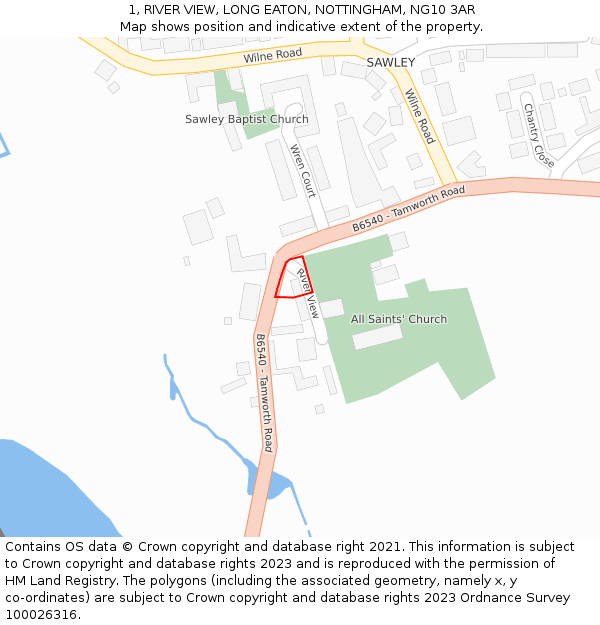 1, RIVER VIEW, LONG EATON, NOTTINGHAM, NG10 3AR: Location map and indicative extent of plot