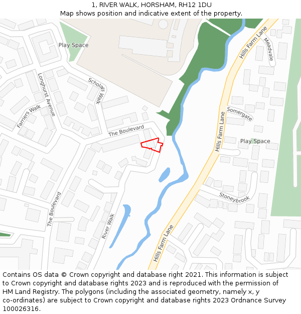 1, RIVER WALK, HORSHAM, RH12 1DU: Location map and indicative extent of plot