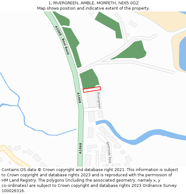 1, RIVERGREEN, AMBLE, MORPETH, NE65 0GZ: Location map and indicative extent of plot