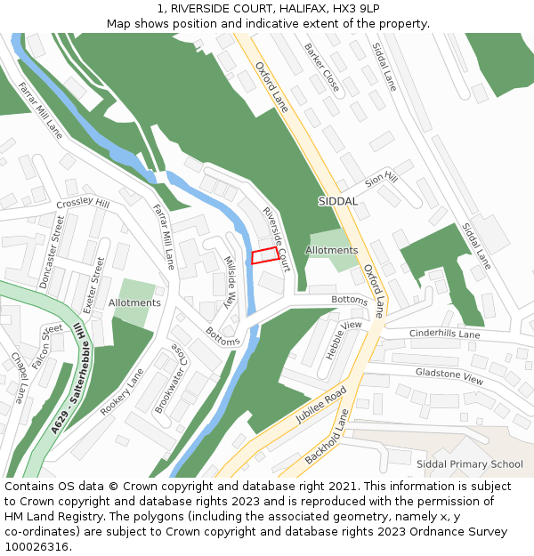 1, RIVERSIDE COURT, HALIFAX, HX3 9LP: Location map and indicative extent of plot