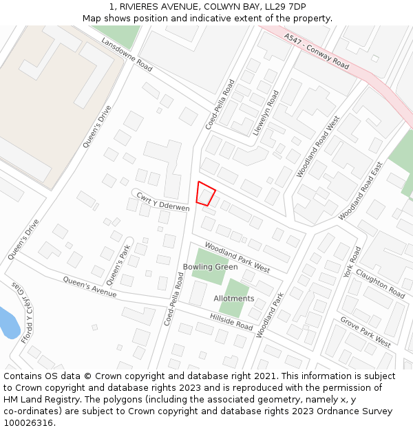 1, RIVIERES AVENUE, COLWYN BAY, LL29 7DP: Location map and indicative extent of plot