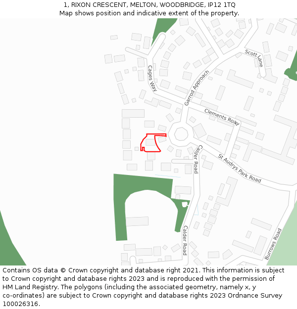 1, RIXON CRESCENT, MELTON, WOODBRIDGE, IP12 1TQ: Location map and indicative extent of plot