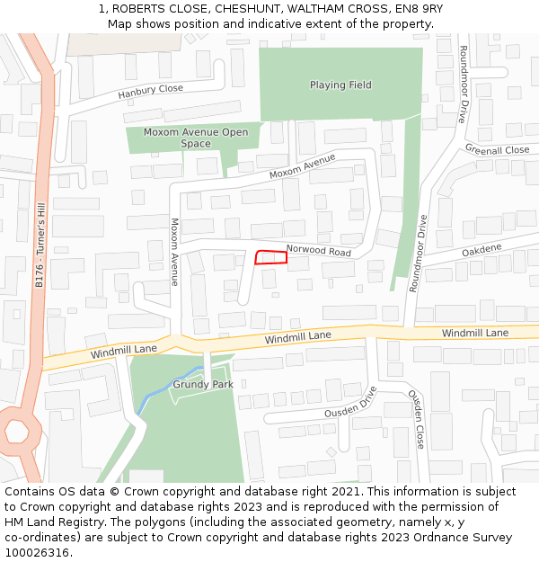 1, ROBERTS CLOSE, CHESHUNT, WALTHAM CROSS, EN8 9RY: Location map and indicative extent of plot