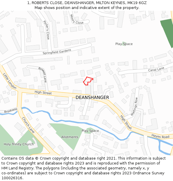 1, ROBERTS CLOSE, DEANSHANGER, MILTON KEYNES, MK19 6GZ: Location map and indicative extent of plot