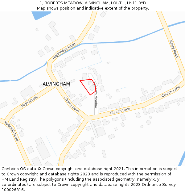 1, ROBERTS MEADOW, ALVINGHAM, LOUTH, LN11 0YD: Location map and indicative extent of plot