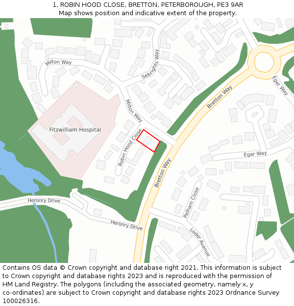 1, ROBIN HOOD CLOSE, BRETTON, PETERBOROUGH, PE3 9AR: Location map and indicative extent of plot