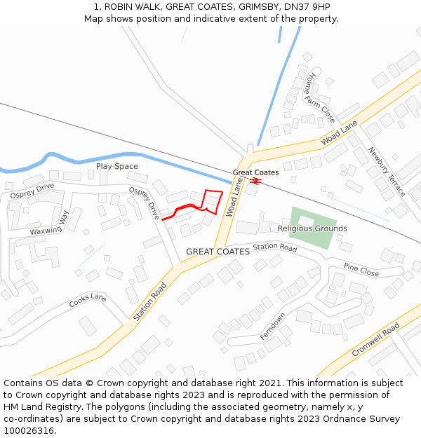 1, ROBIN WALK, GREAT COATES, GRIMSBY, DN37 9HP: Location map and indicative extent of plot