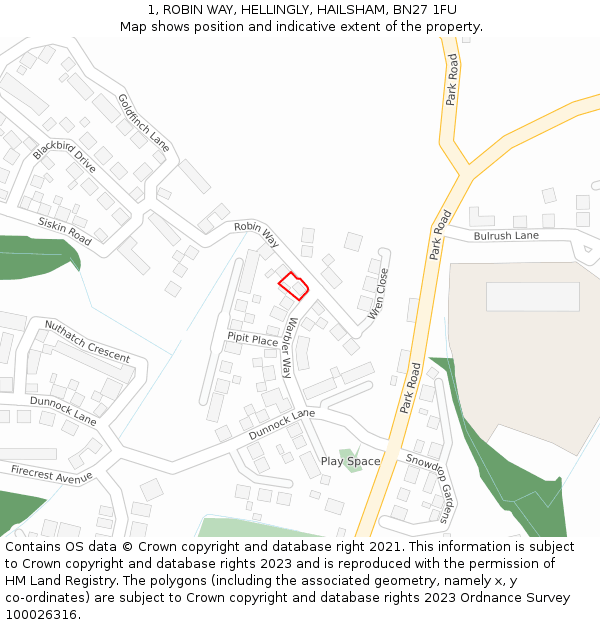 1, ROBIN WAY, HELLINGLY, HAILSHAM, BN27 1FU: Location map and indicative extent of plot