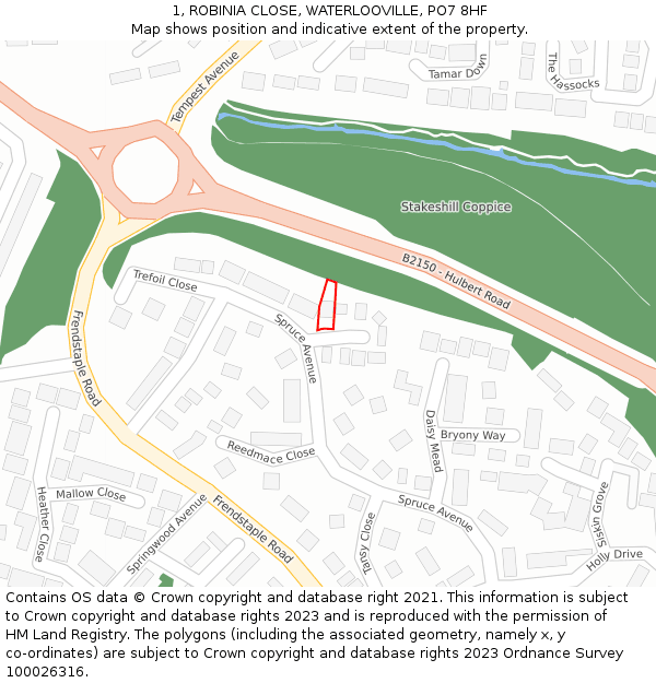 1, ROBINIA CLOSE, WATERLOOVILLE, PO7 8HF: Location map and indicative extent of plot