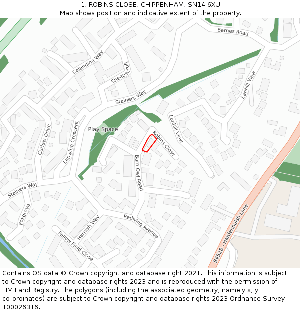 1, ROBINS CLOSE, CHIPPENHAM, SN14 6XU: Location map and indicative extent of plot