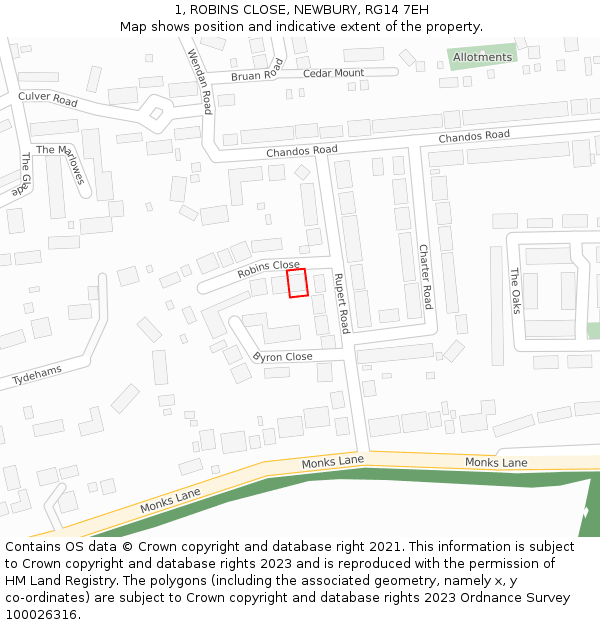 1, ROBINS CLOSE, NEWBURY, RG14 7EH: Location map and indicative extent of plot