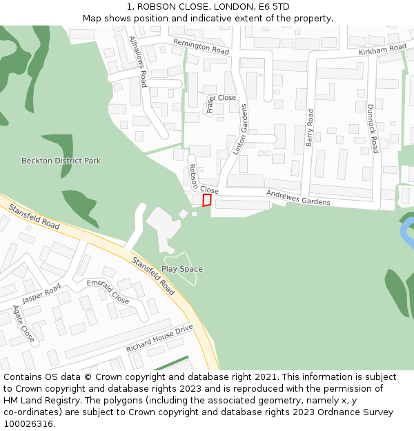 1, ROBSON CLOSE, LONDON, E6 5TD: Location map and indicative extent of plot
