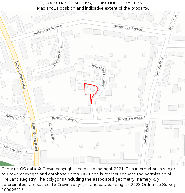 1, ROCKCHASE GARDENS, HORNCHURCH, RM11 3NH: Location map and indicative extent of plot