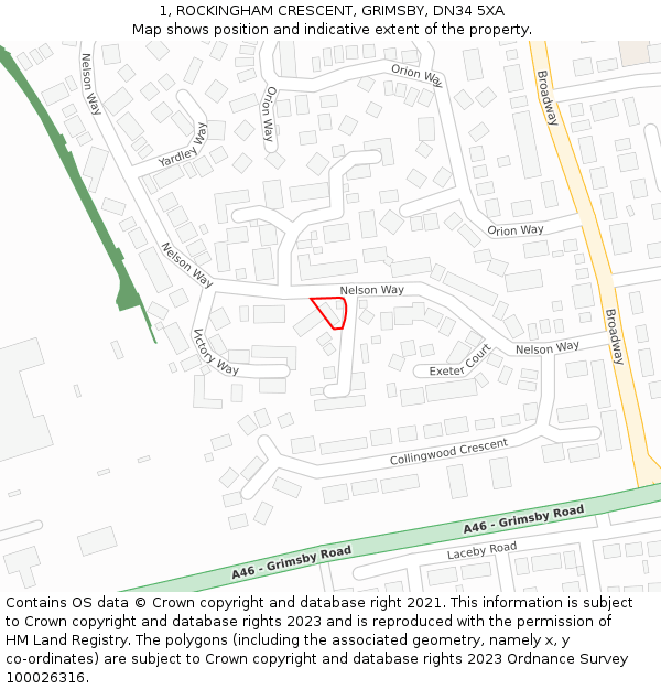 1, ROCKINGHAM CRESCENT, GRIMSBY, DN34 5XA: Location map and indicative extent of plot