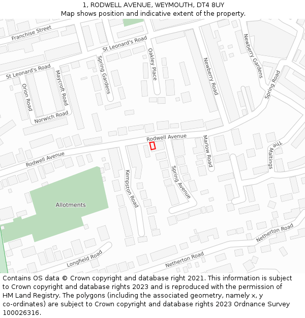 1, RODWELL AVENUE, WEYMOUTH, DT4 8UY: Location map and indicative extent of plot