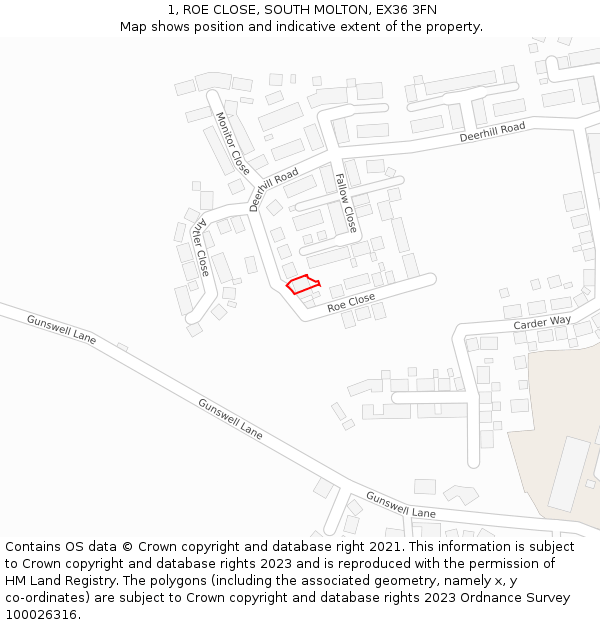 1, ROE CLOSE, SOUTH MOLTON, EX36 3FN: Location map and indicative extent of plot