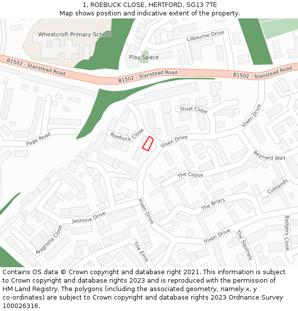 1, ROEBUCK CLOSE, HERTFORD, SG13 7TE: Location map and indicative extent of plot