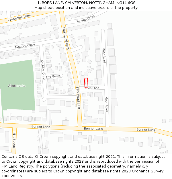 1, ROES LANE, CALVERTON, NOTTINGHAM, NG14 6GS: Location map and indicative extent of plot