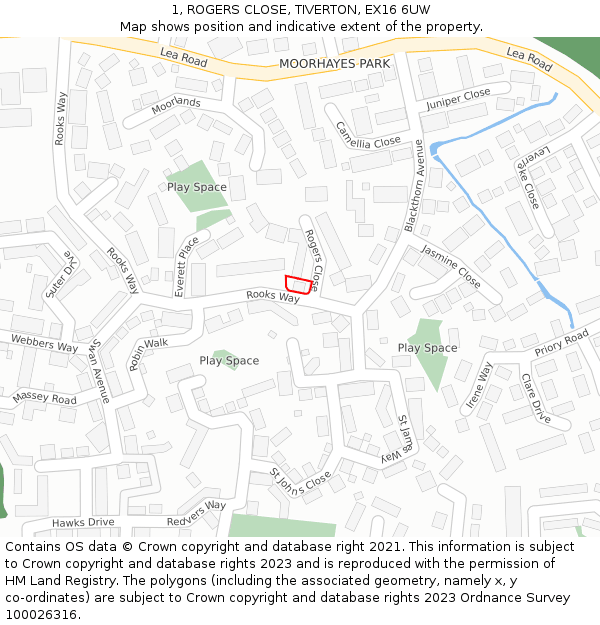 1, ROGERS CLOSE, TIVERTON, EX16 6UW: Location map and indicative extent of plot