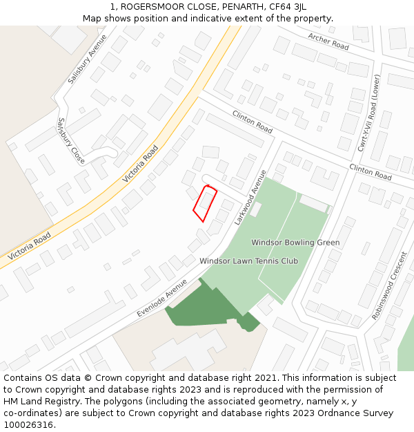 1, ROGERSMOOR CLOSE, PENARTH, CF64 3JL: Location map and indicative extent of plot