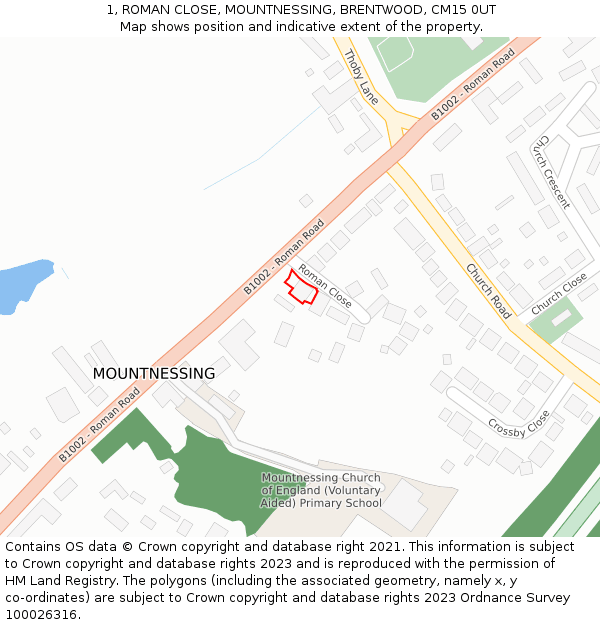 1, ROMAN CLOSE, MOUNTNESSING, BRENTWOOD, CM15 0UT: Location map and indicative extent of plot