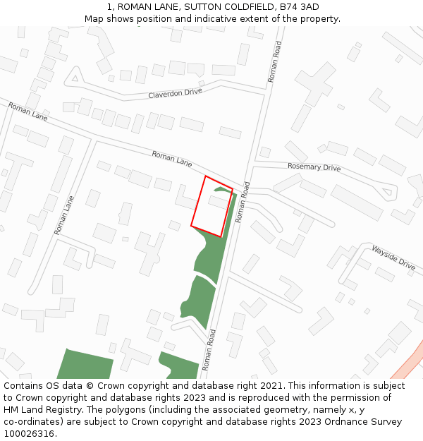 1, ROMAN LANE, SUTTON COLDFIELD, B74 3AD: Location map and indicative extent of plot