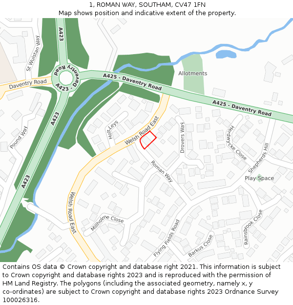 1, ROMAN WAY, SOUTHAM, CV47 1FN: Location map and indicative extent of plot