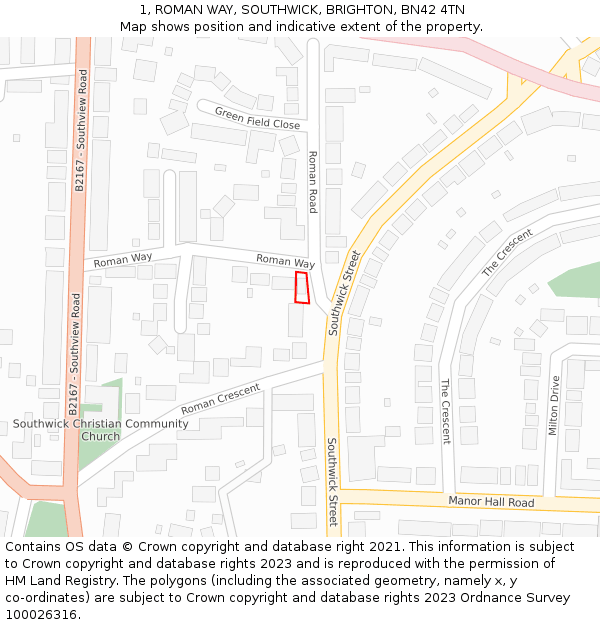 1, ROMAN WAY, SOUTHWICK, BRIGHTON, BN42 4TN: Location map and indicative extent of plot