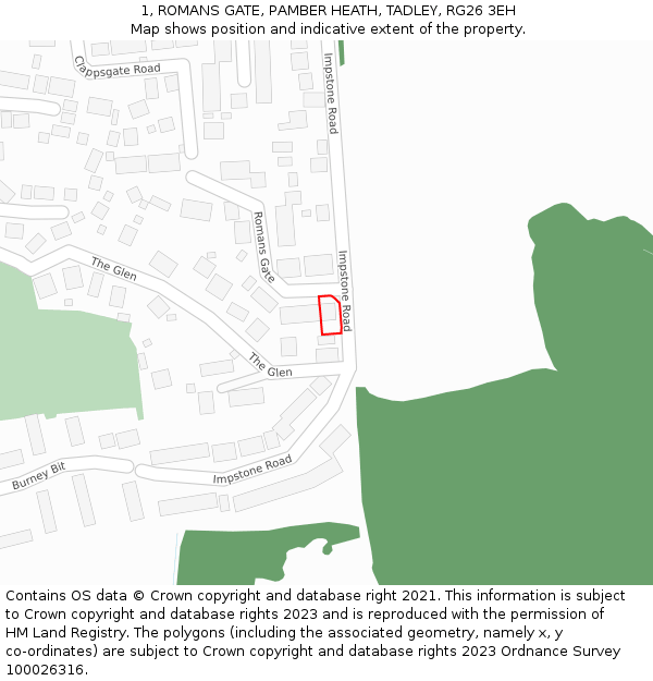 1, ROMANS GATE, PAMBER HEATH, TADLEY, RG26 3EH: Location map and indicative extent of plot