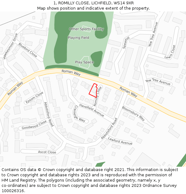 1, ROMILLY CLOSE, LICHFIELD, WS14 9XR: Location map and indicative extent of plot