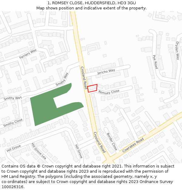 1, ROMSEY CLOSE, HUDDERSFIELD, HD3 3GU: Location map and indicative extent of plot