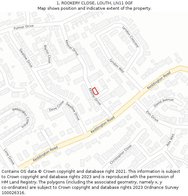 1, ROOKERY CLOSE, LOUTH, LN11 0GF: Location map and indicative extent of plot