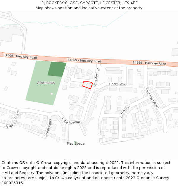 1, ROOKERY CLOSE, SAPCOTE, LEICESTER, LE9 4BF: Location map and indicative extent of plot