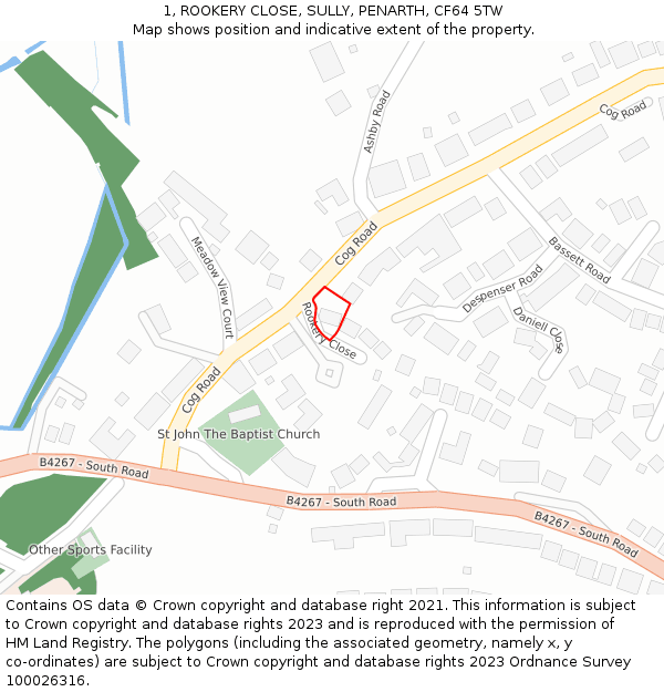 1, ROOKERY CLOSE, SULLY, PENARTH, CF64 5TW: Location map and indicative extent of plot