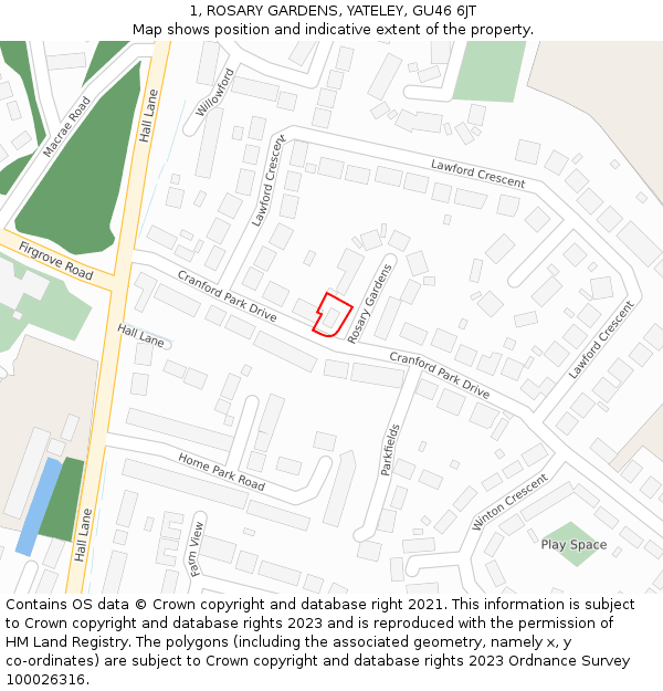 1, ROSARY GARDENS, YATELEY, GU46 6JT: Location map and indicative extent of plot