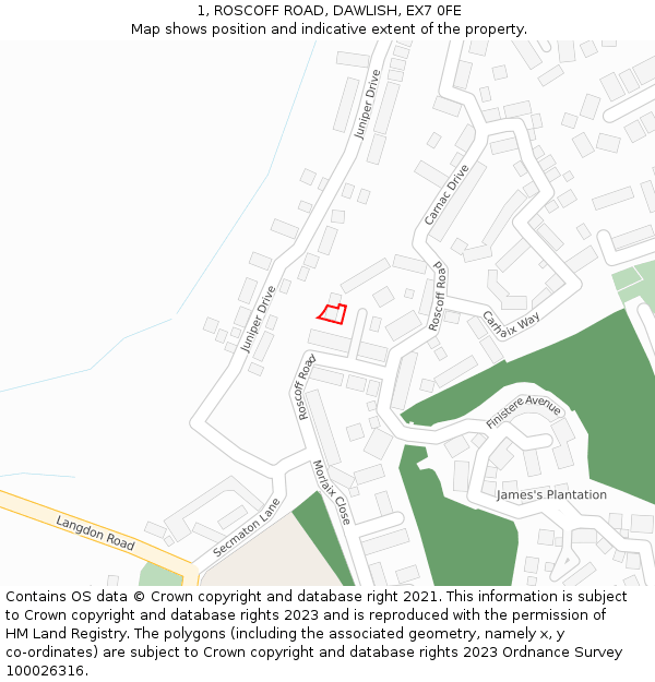 1, ROSCOFF ROAD, DAWLISH, EX7 0FE: Location map and indicative extent of plot