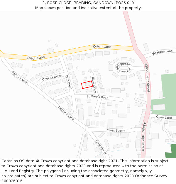 1, ROSE CLOSE, BRADING, SANDOWN, PO36 0HY: Location map and indicative extent of plot