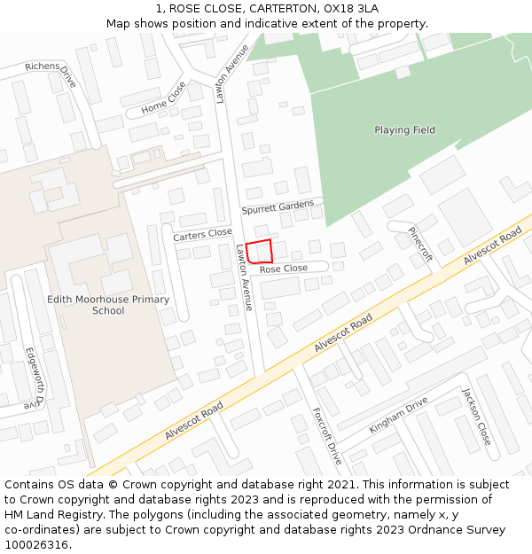 1, ROSE CLOSE, CARTERTON, OX18 3LA: Location map and indicative extent of plot