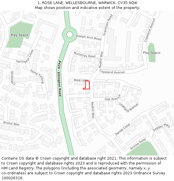 1, ROSE LANE, WELLESBOURNE, WARWICK, CV35 9QW: Location map and indicative extent of plot