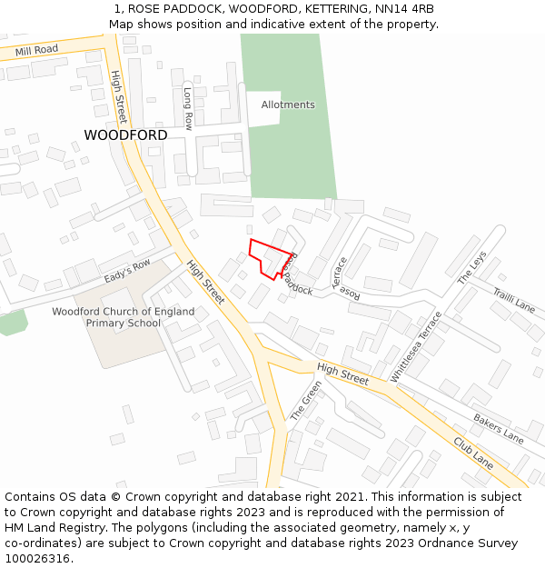 1, ROSE PADDOCK, WOODFORD, KETTERING, NN14 4RB: Location map and indicative extent of plot